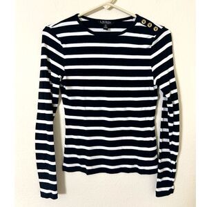 Lauren Ralph Lauren Striped Cotton Shirt Top Gold‎ Buttons Nautical Blue White S